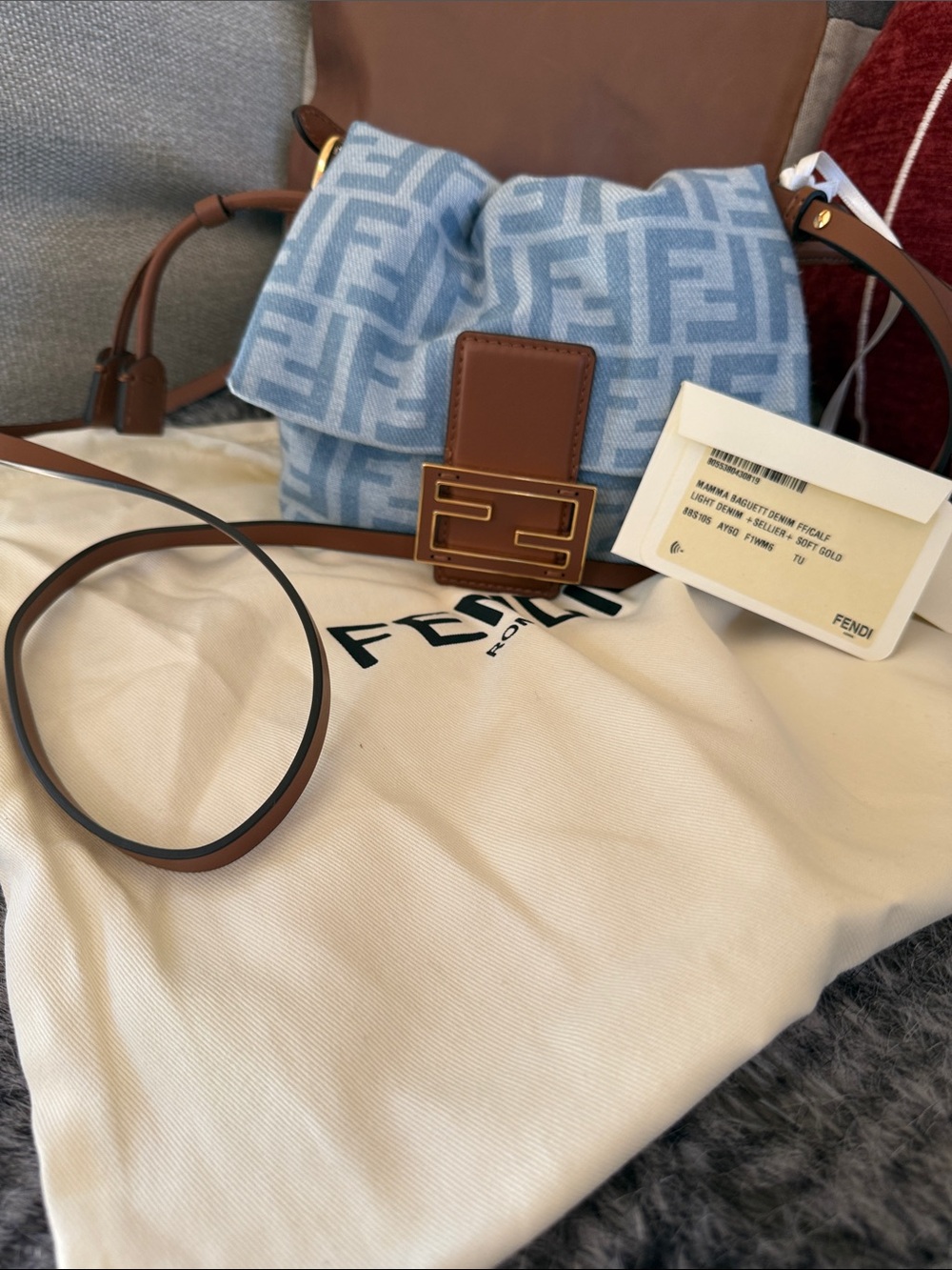 Fendi Light Blue FF Canvas and Brown Leather Mini Crossbody